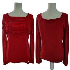 Worthington Women's Red Ruched Long Sleeve Casual Boat Neck Top Blouse Sz Large